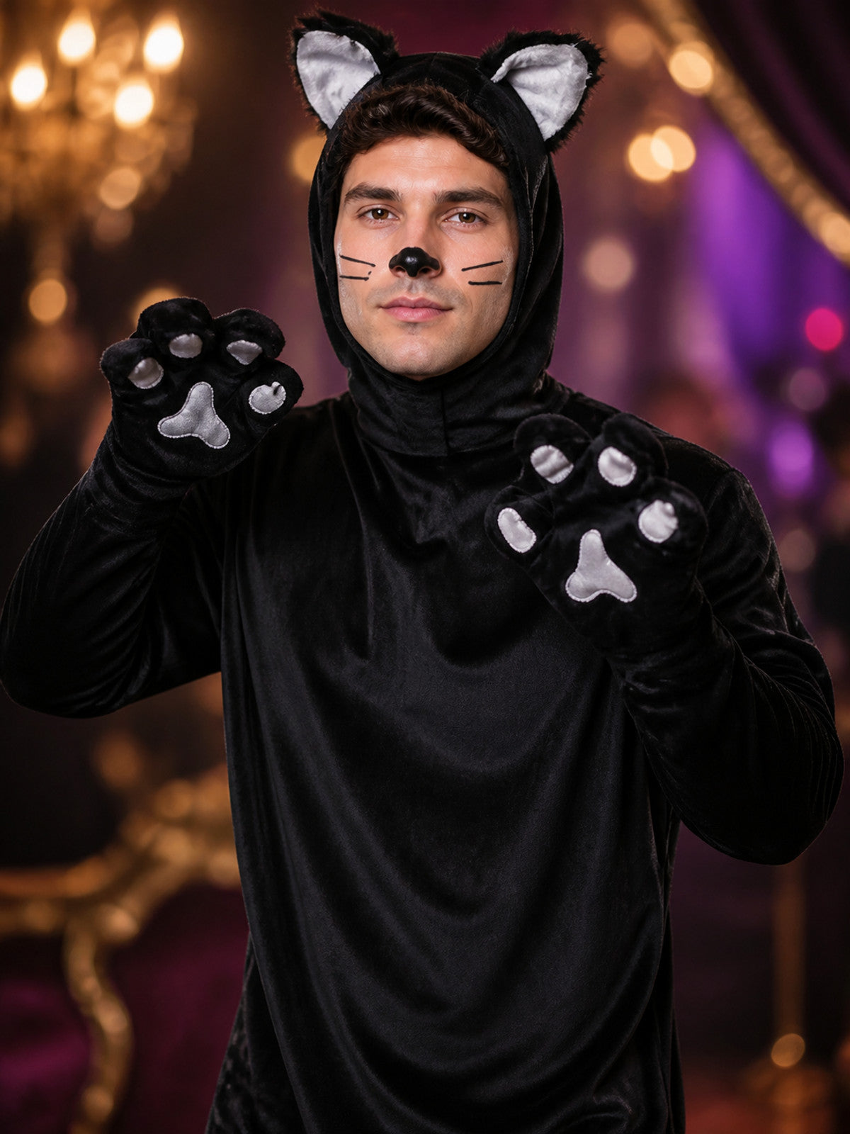 Black Cat Animal Jumpsuit Costume, Cat-Ear Hood, Tail and Paw Print Details on-model view