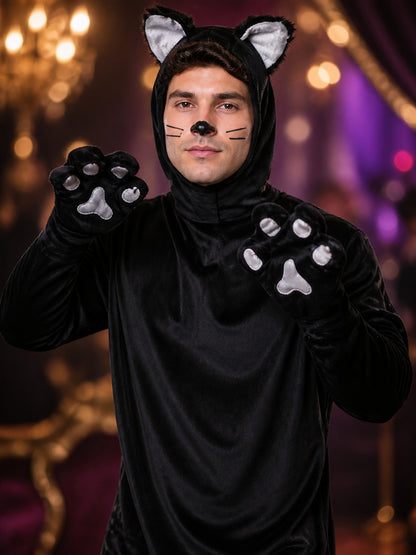 Black Cat Animal Jumpsuit Costume, Cat-Ear Hood, Tail and Paw Print Details on-model view