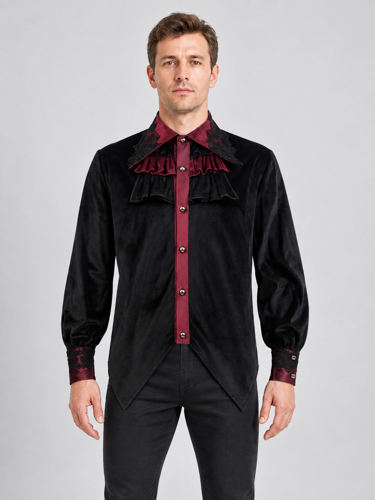 Black shirt with burgundy accents and lace trim