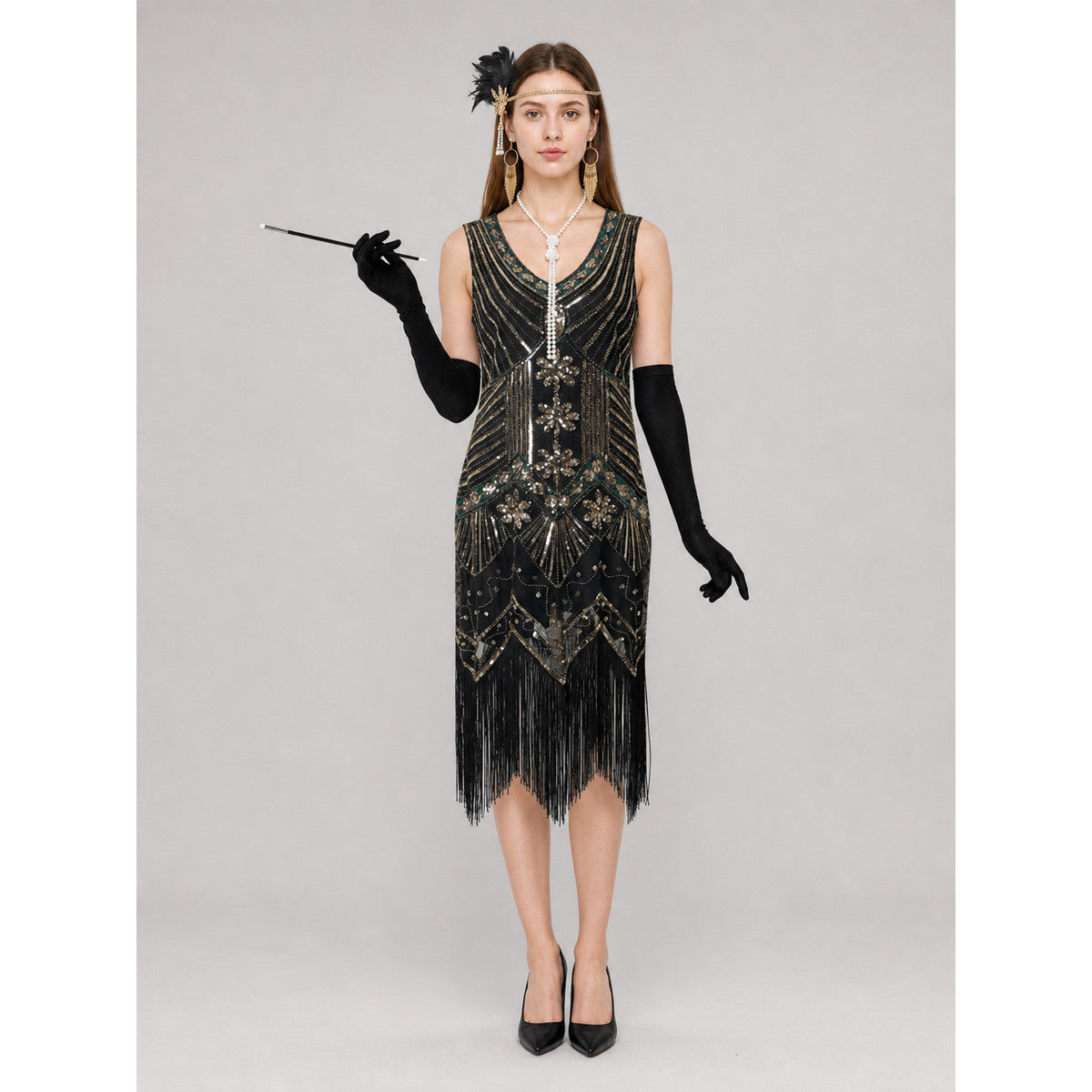 Art Deco Dress with Geometric Embellishment and Fringe