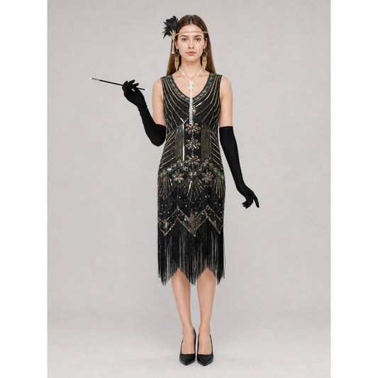 Art Deco Dress with Geometric Embellishment and Fringe