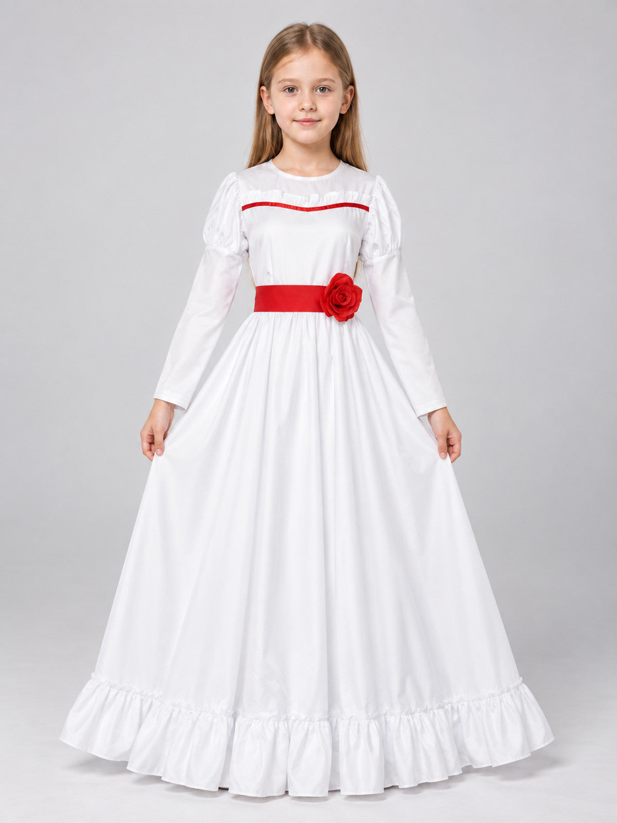 White Cosplay Dress with Red Rose on-model view