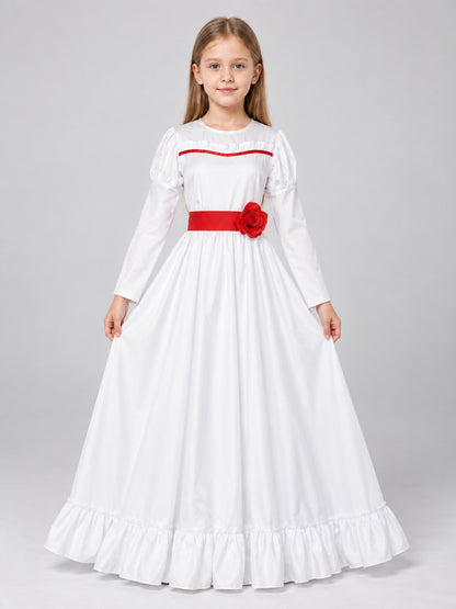 White Cosplay Dress with Red Rose on-model view