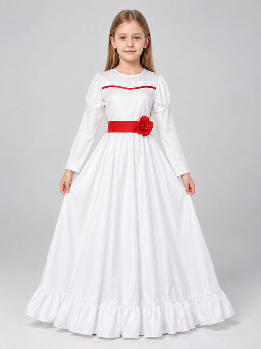 White Cosplay Dress with Red Rose on-model view