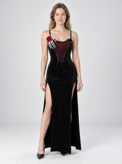 Black vampire-style dress with red spiderweb and rose