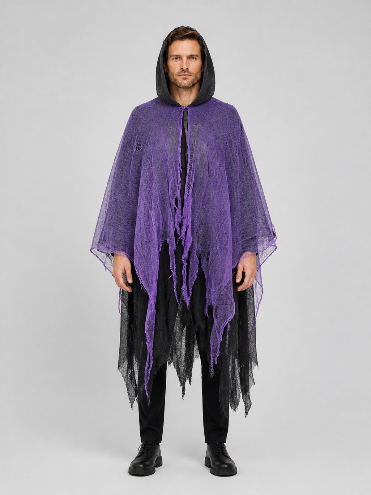 Purple Hooded Cloak with Tattered Hem for Halloween on-model view