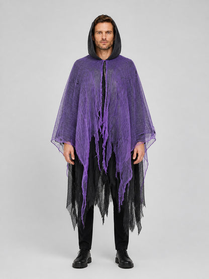 Purple Hooded Cloak with Tattered Hem for Halloween on-model view