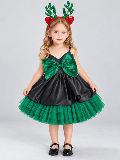 Kids' Party Dress with Bow and Mesh Skirt