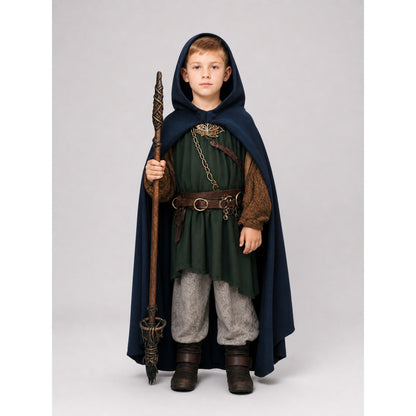 Dark blue hooded cloak shown full-body on a child with the hood up, worn over a green costume and held with a staff