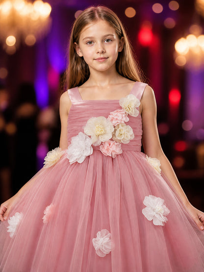 Girls' Pink Princess Party Dress, Layered Tulle Skirt With Floral Details on-model view