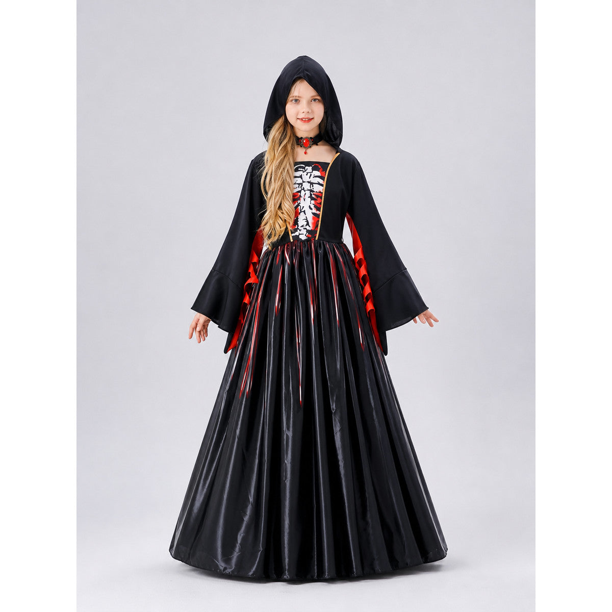 Hooded Cosplay Costume with Striped Skirt front view
