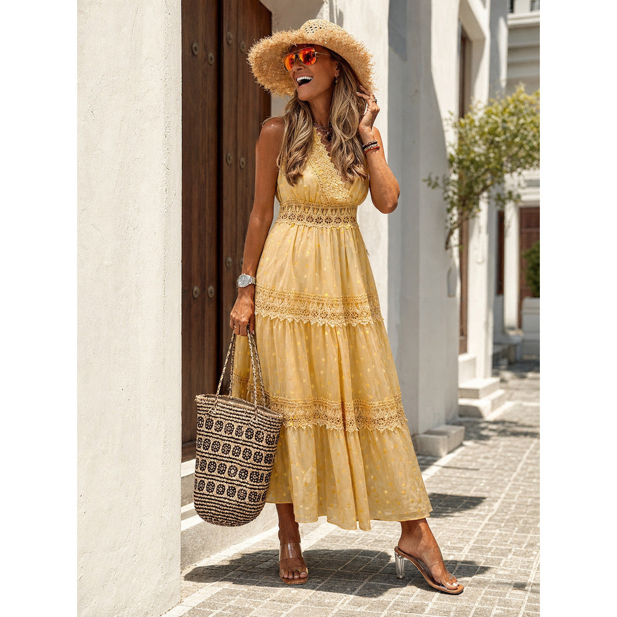 Yellow Women's Sleeveless V-Neck Dress
