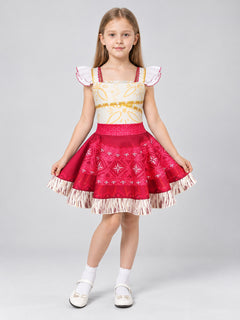 Moana Girls' Dress with White Bodice, Red Fringe Skirt & Flutter Sleeves, Kids' Costume