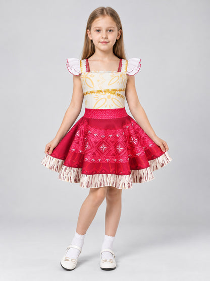 Dress with a white bodice, red skirt, and fringe