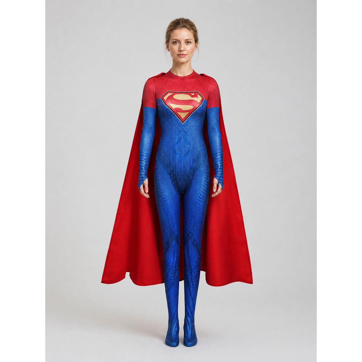 Cosplay Jumpsuit with Cape and Chest Emblem on-model view