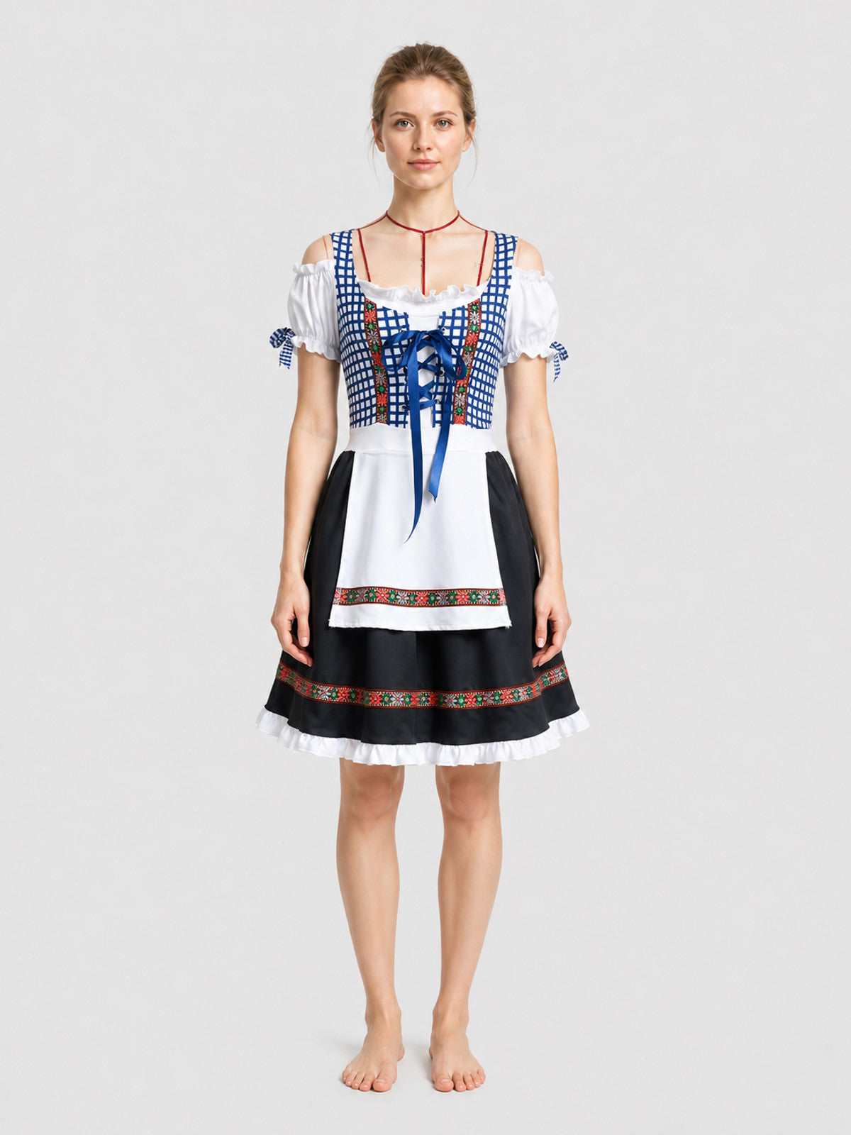 Folk Costume with Apron and Lace, Plaid, S-XXL on-model view