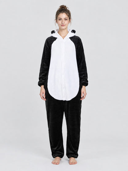 Cartoon Black and White Hooded Pajama Jumpsuit
