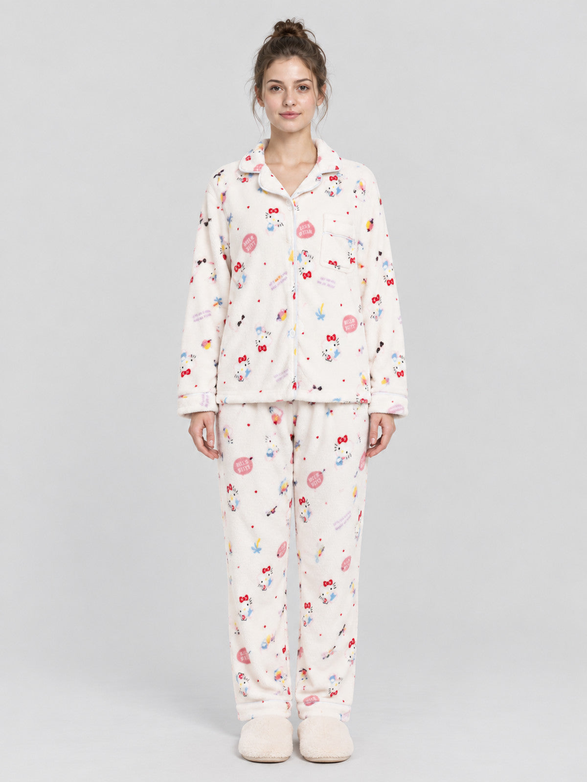 Flannel Pajamas with Cartoon Print, Cream White