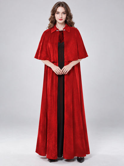 Long Red Velvet Cloak-Cape with Fastener