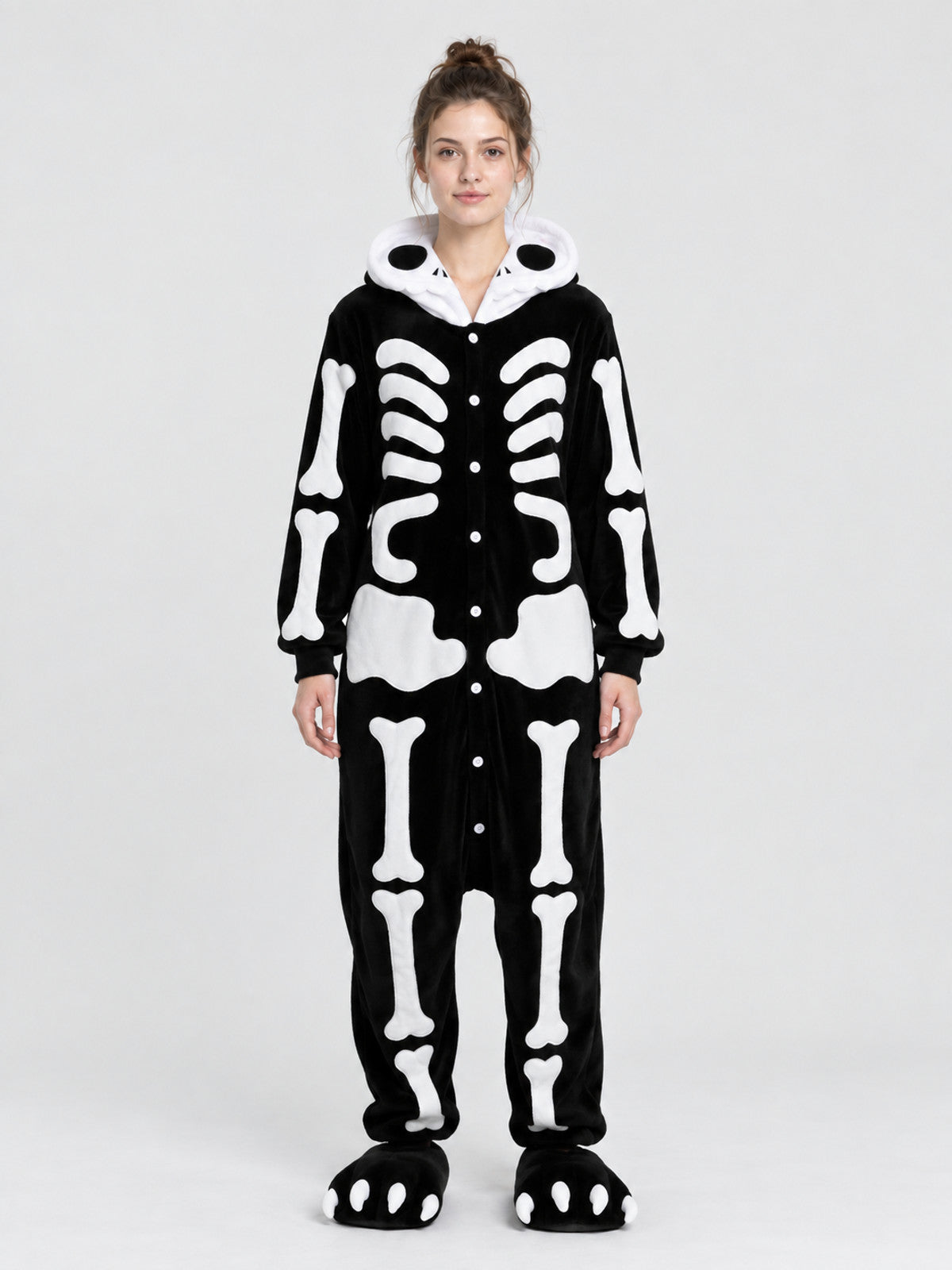 Black Hooded Pajama Jumpsuit with Skeleton Print