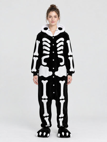 Black Hooded Pajama Jumpsuit with Skeleton Print