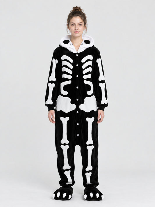 Black Hooded Pajama Jumpsuit with Skeleton Print
