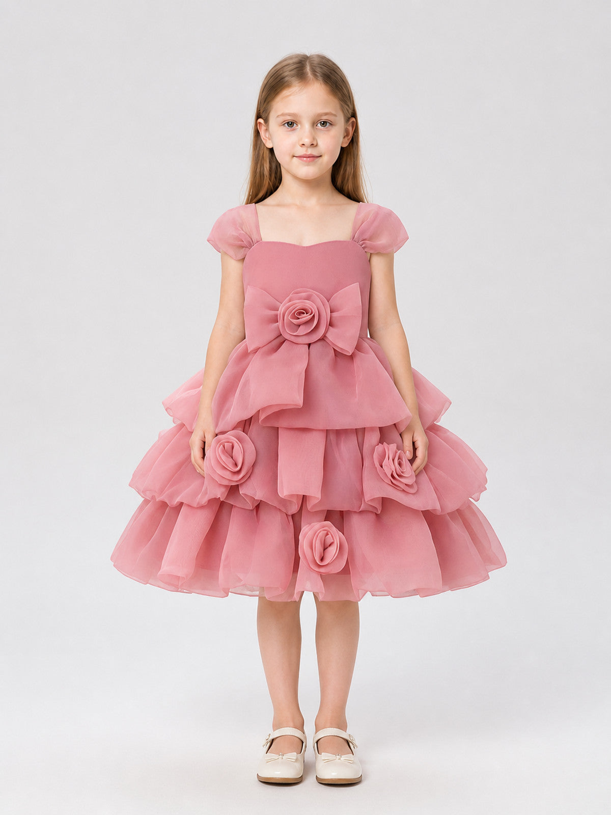 Full-skirt dress with roses for a flower girl at a wedding on-model view