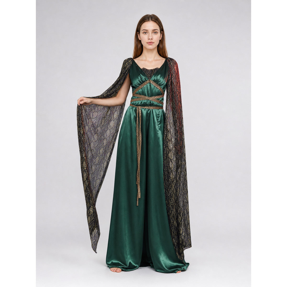 Fantasy Dress with Cape and Gold Headdress on-model view