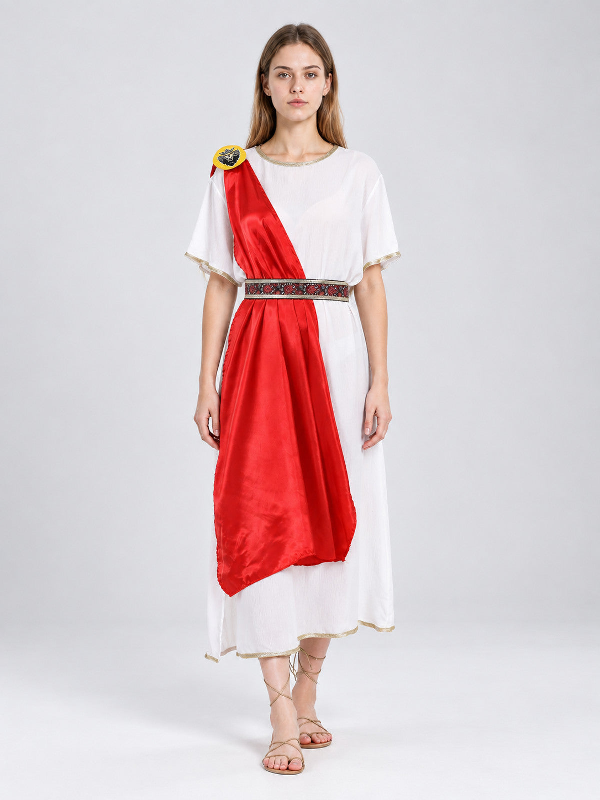 Greek-Style Tunic Dress with Red Draping on-model view