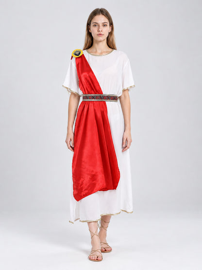 Greek-Style Tunic Dress with Red Draping on-model view