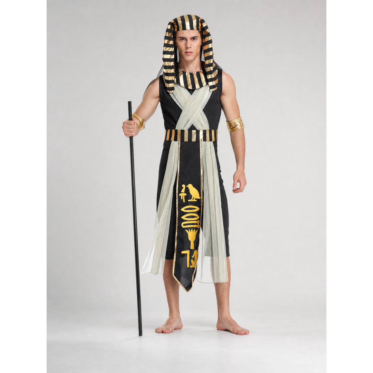 Men’s Egyptian Pharaoh Halloween Costume Set, 4-Piece Role Play Outfit with Headpiece, Neck Ornament and Belt for Cosplay Stage Performance