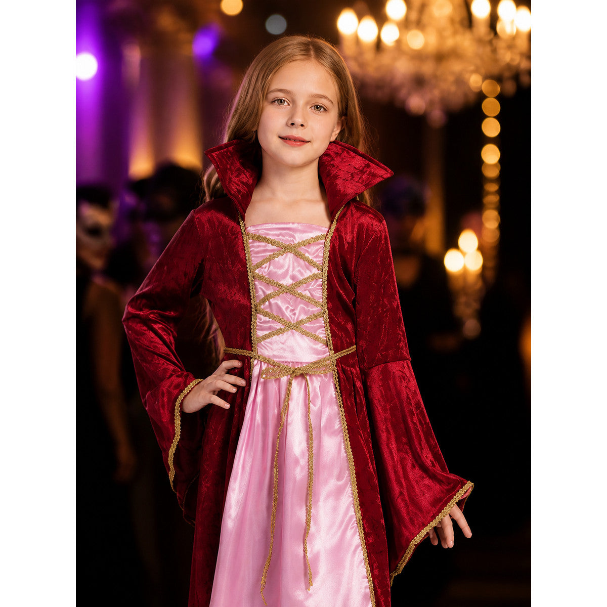 Vintage Royal Court Dress and Cape Set, Gold Trimmed Princess Halloween Costume on-model view