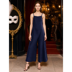 Blue Wide Leg Bib Overalls, Thin Shoulder Strap One-Piece Jumpsuit with Front