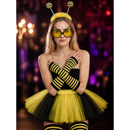 Bee Costume Accessories Set - Black Yellow Striped Headband, Glasses, Gloves & on-model view