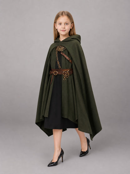 Green hooded cloak in soft matte fabric, shown full-body on a child model with a brown belt, decorative clasp, and chain