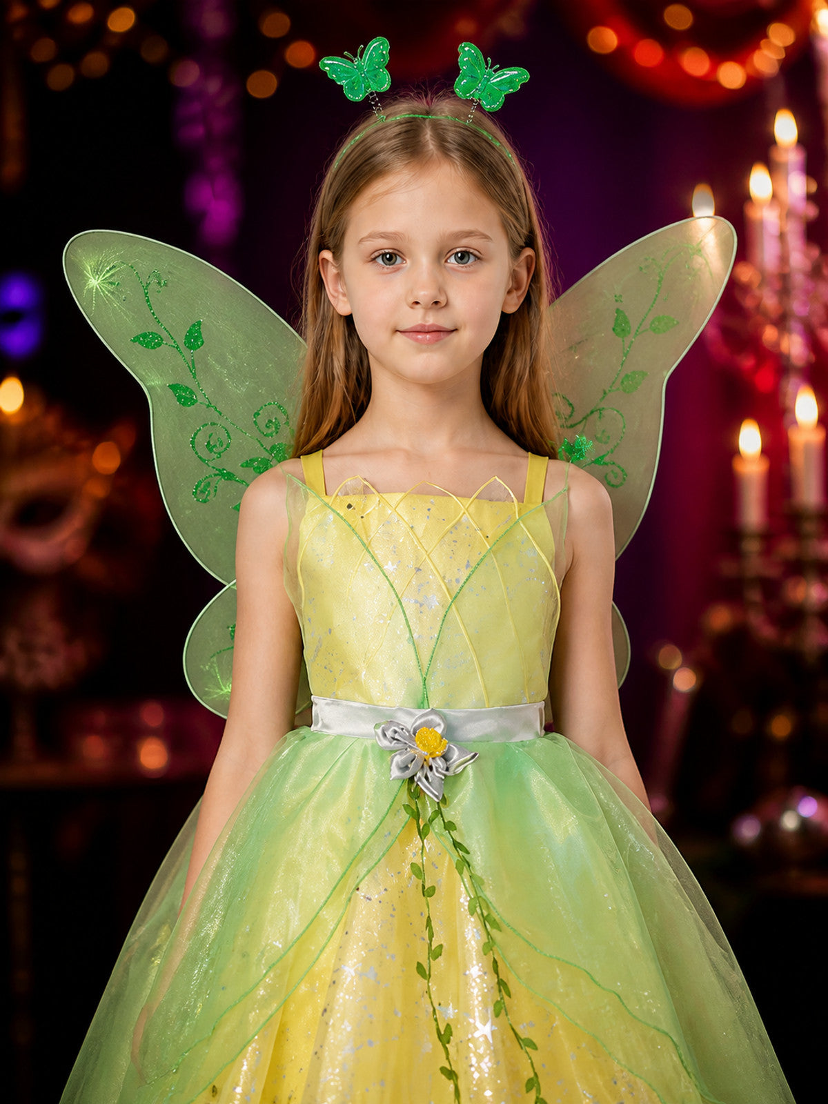 Girl's Princess Dress Costume, Layered Gown with Leaf and Star Sequins on-model view