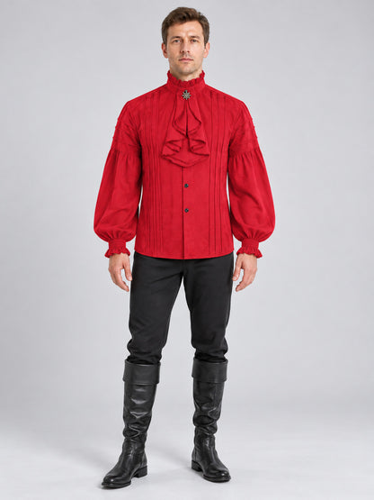 Red Pirate-Style Shirt with High Collar and Ruffles