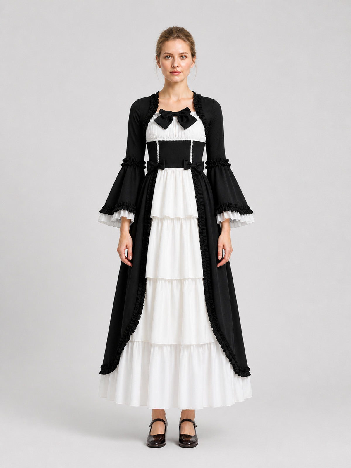 Renaissance-Style Retro Dress, Black and White, with Ruffles on-model view