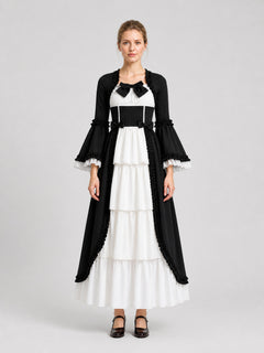 Renaissance-Style Retro Dress, Black and White, with Ruffles