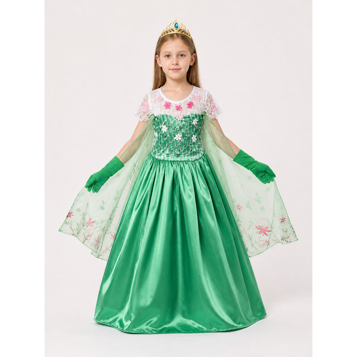 Carnival Costume with Green Dress, Crown, and Gloves