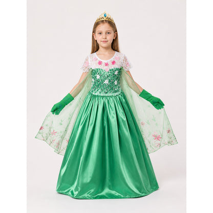 Carnival Costume with Green Dress, Crown, and Gloves