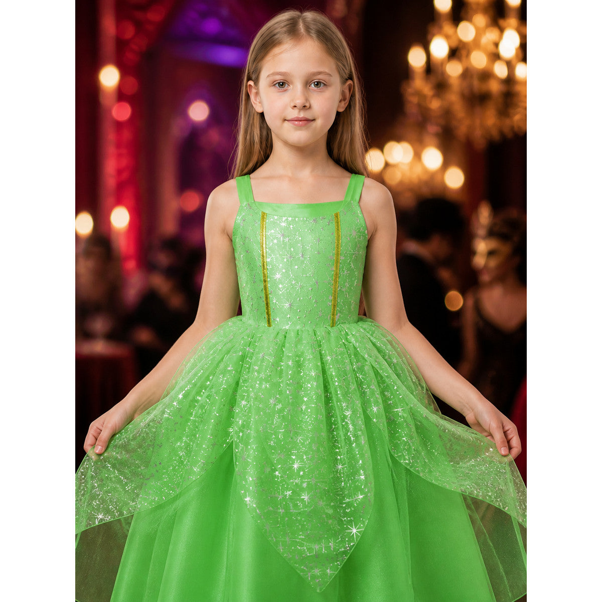 Kids Green Princess Dress Costume with Glitter Stars and Tutu Skirt for on-model view