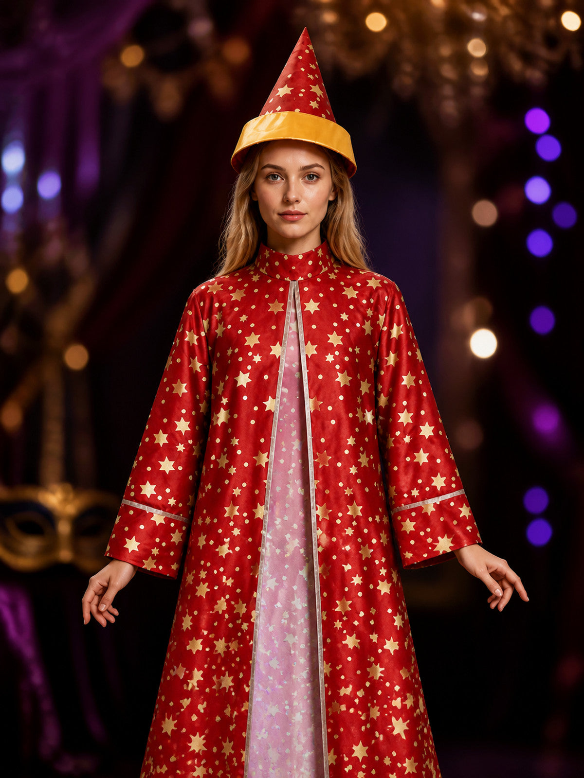 Red Star-Printed Witch Costume Set, Long Robe And Pointed Hat Halloween Outfit