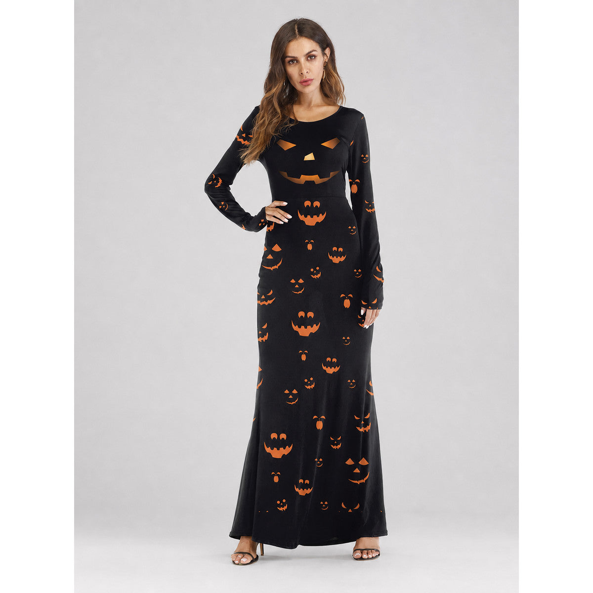 Black Halloween Maxi Dress with Pumpkin Print on-model view