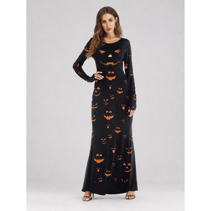 Black Halloween Maxi Dress with Pumpkin Print on-model view