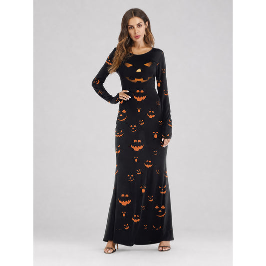 Black Halloween Maxi Dress with Pumpkin Print on-model view