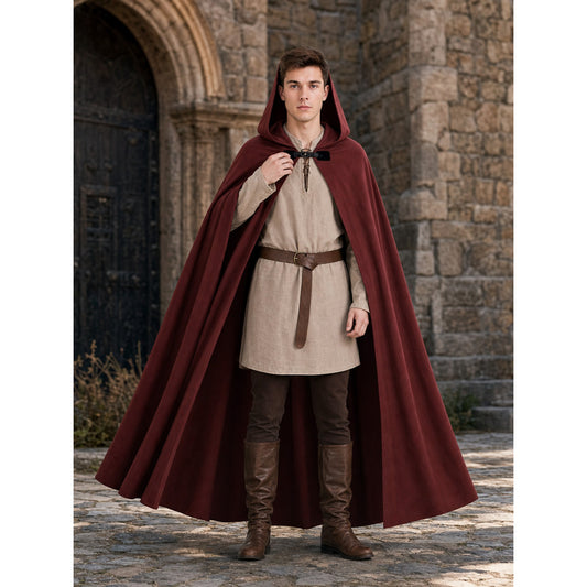 Burgundy hooded cloak with black toggle clasp, shown full-body on a model in a stone archway