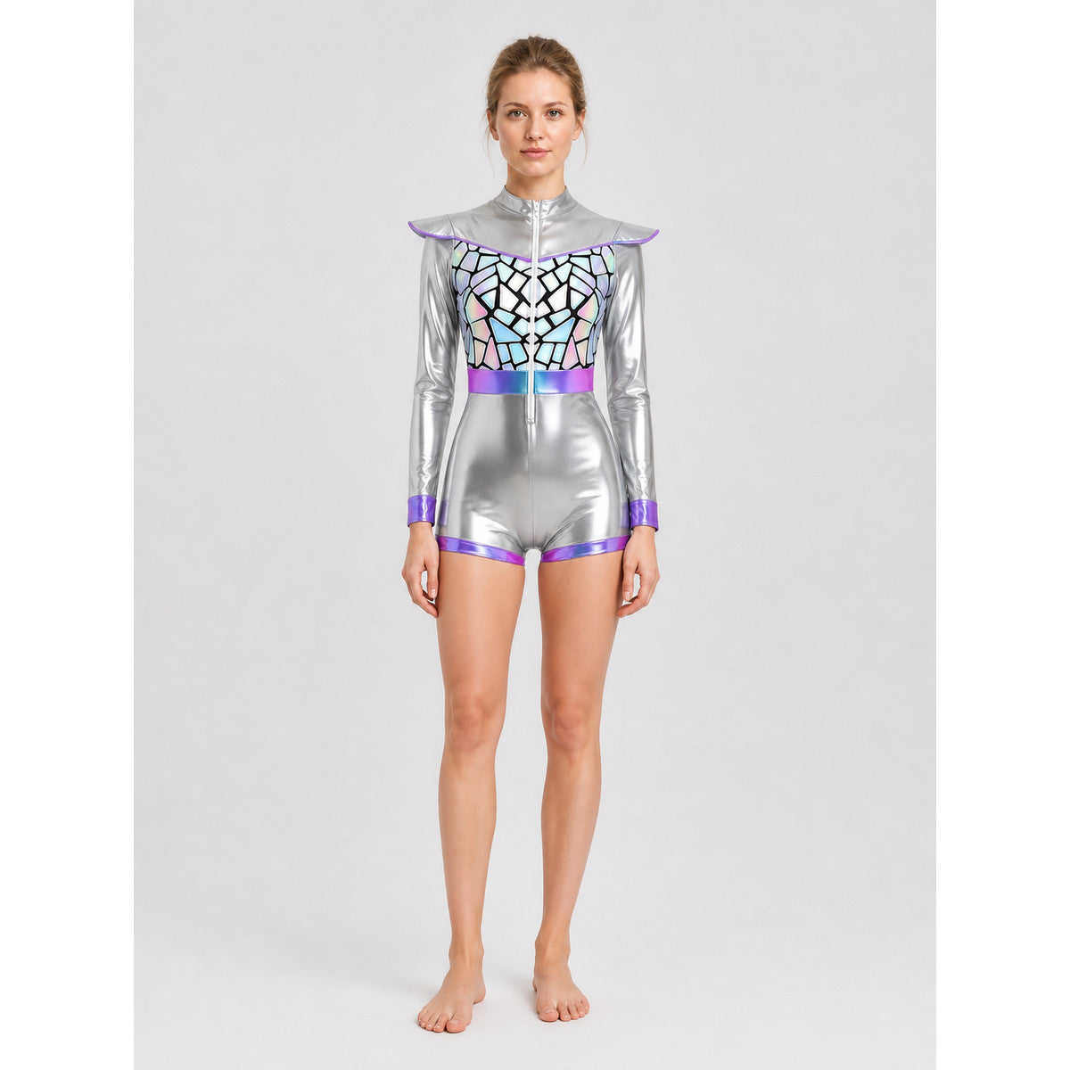 Silver Astronaut Jumpsuit with Purple Trim on-model view