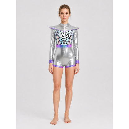 Silver Astronaut Jumpsuit with Purple Trim on-model view