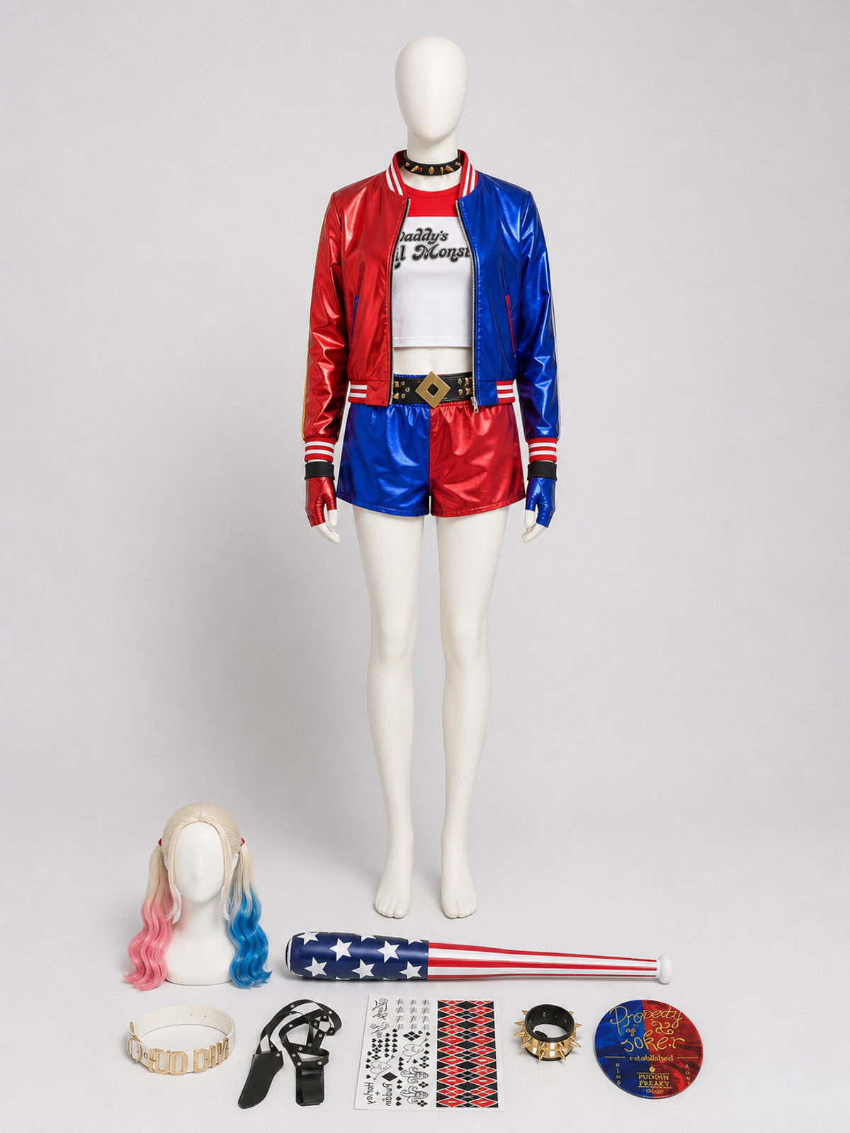 Harley Quinn Cosplay Costume, Wig, and Accessories on-model view